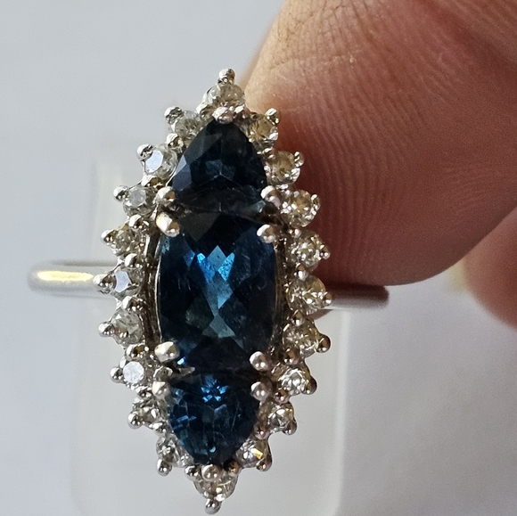 Elongated London Blue Topaz & White Zircon Sterling Silver Ring 💍 💙 Sz 7 - Picture 5 of 13